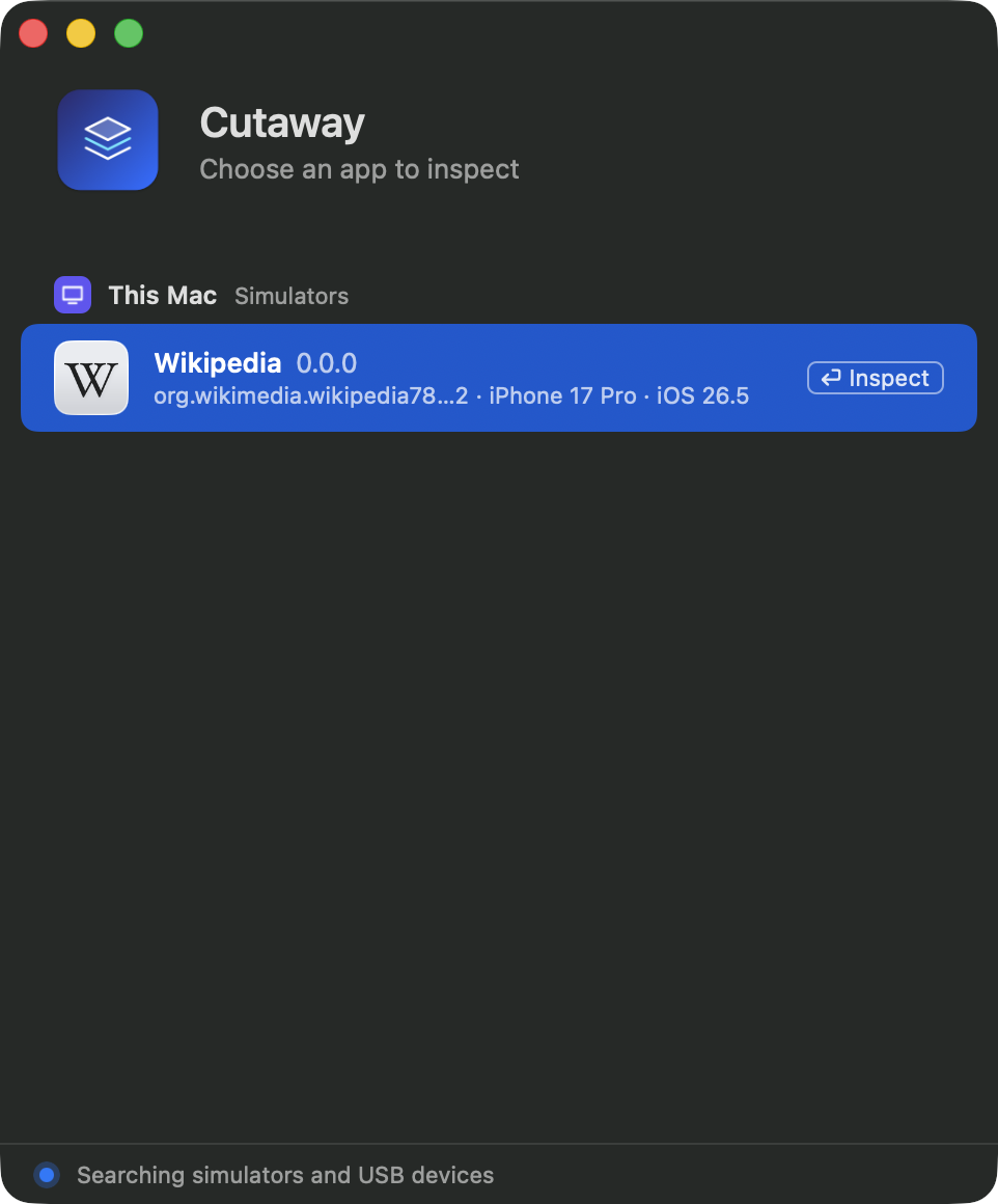 The app list with one app in the Simulator, ready to be chosen.