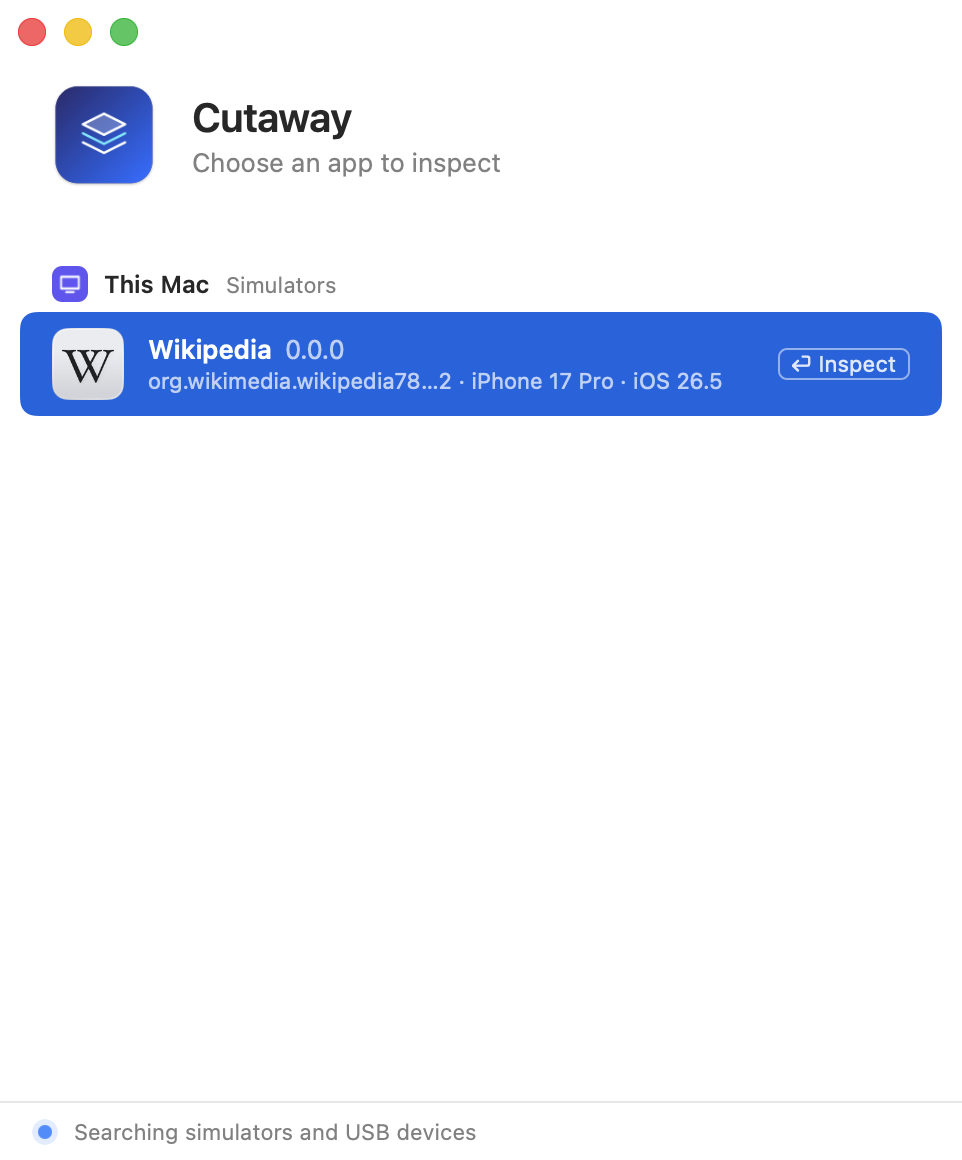 The app list with one app in the Simulator, ready to be chosen.