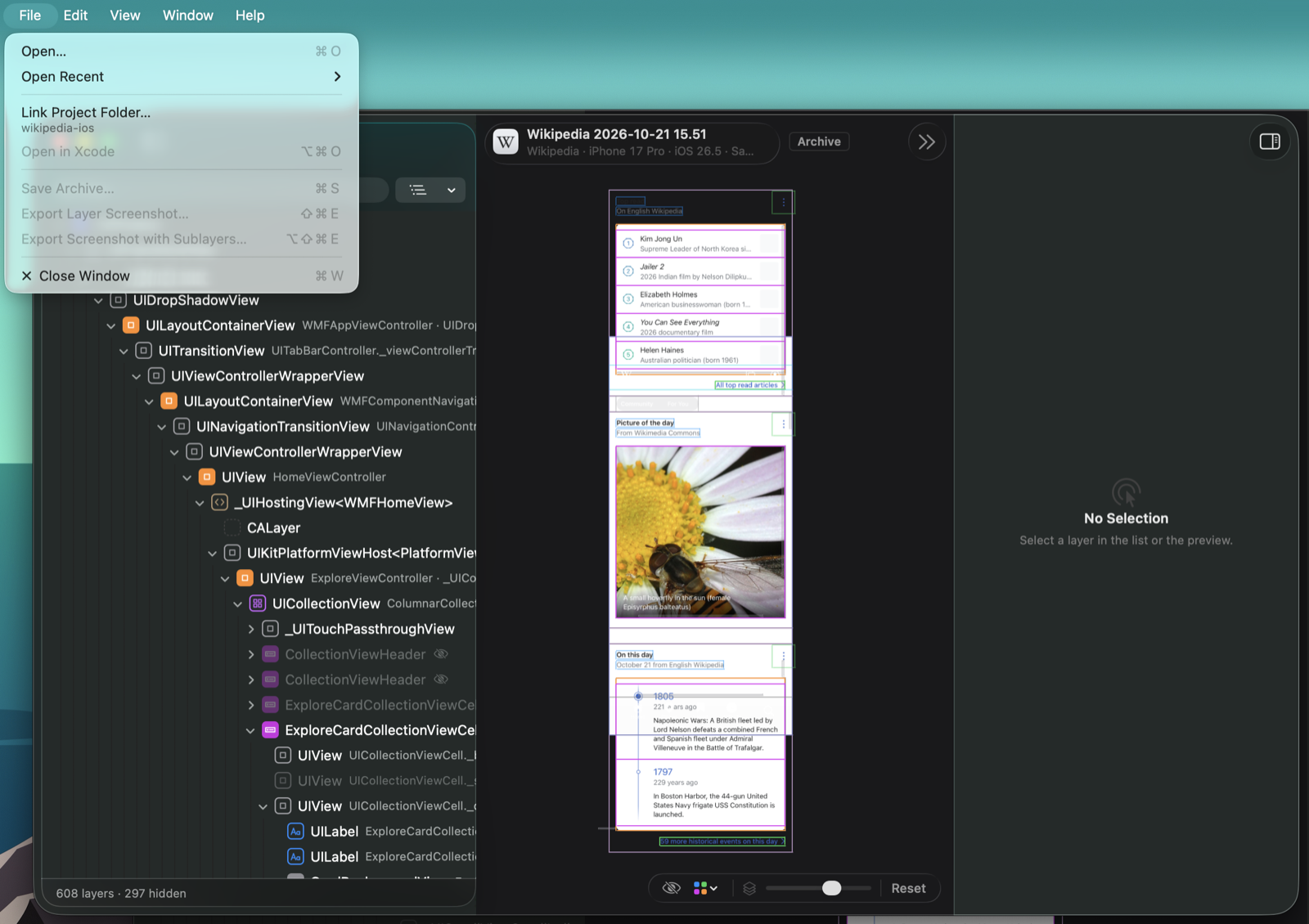 An archive window, marked Archive in the toolbar, with the date it was saved under its title, next to the File menu.