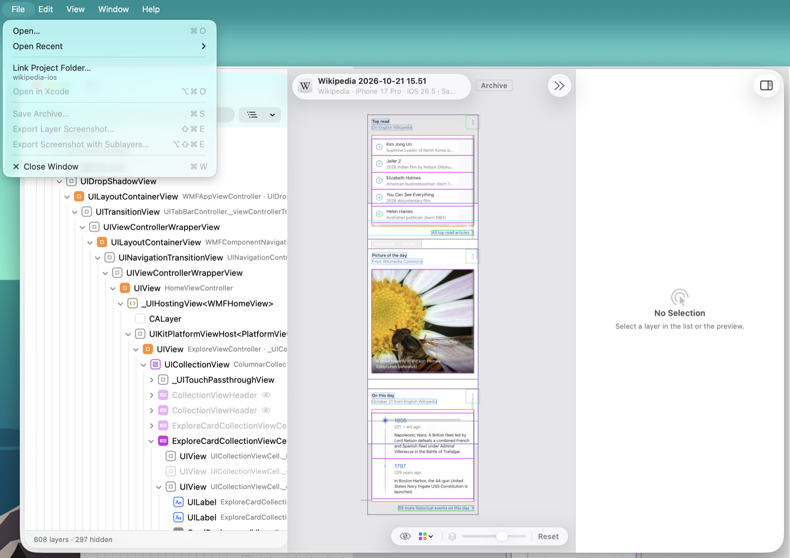 An archive window, marked Archive in the toolbar, with the date it was saved under its title, next to the File menu.