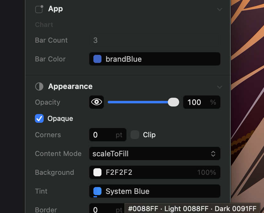 Color rows: a registered color name, a split light and dark swatch with the current half underlined, and its tooltip.