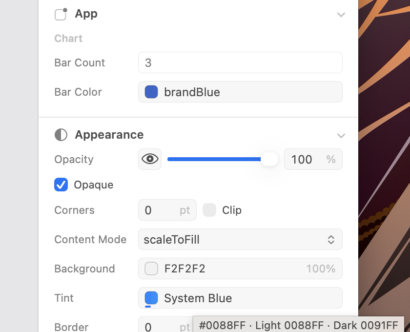 Color rows: a registered color name, a split light and dark swatch with the current half underlined, and its tooltip.