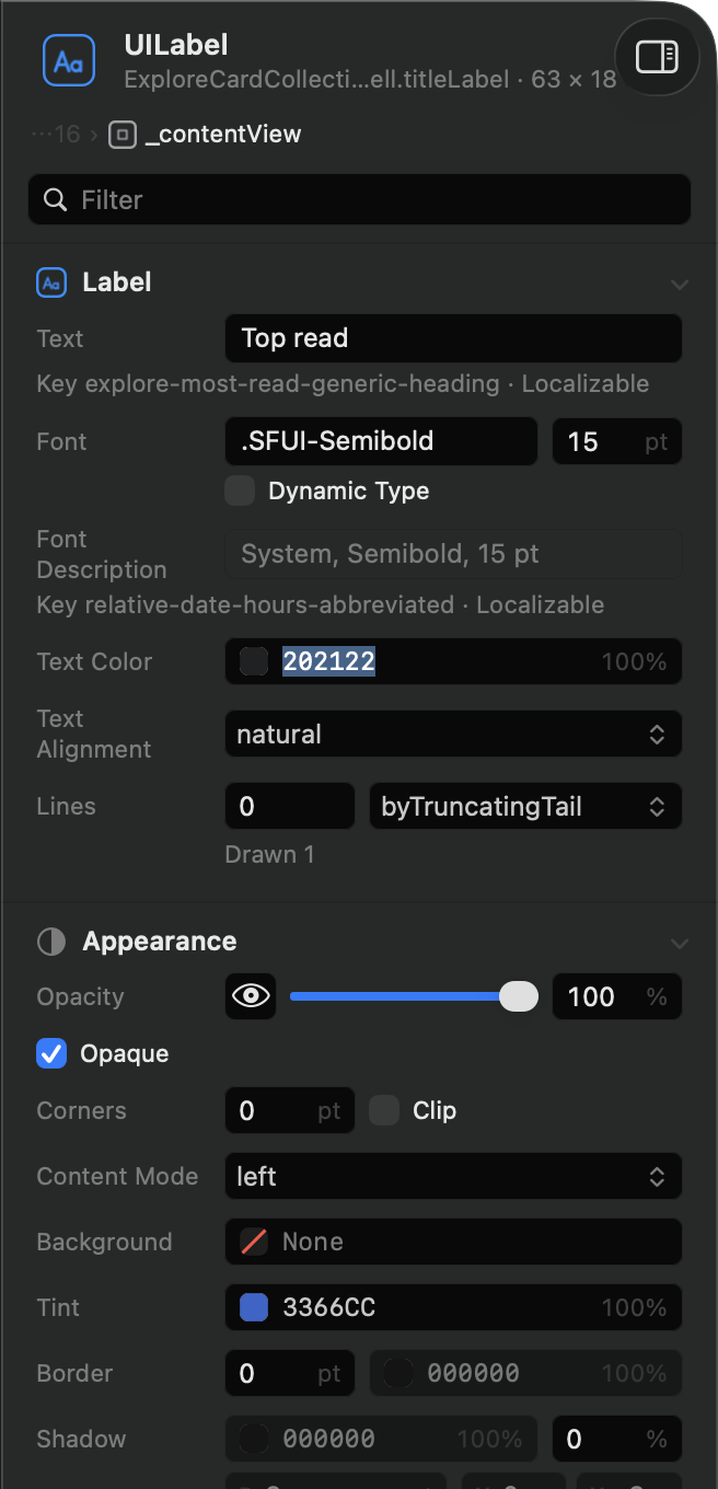 The attributes of a label: the Content and Appearance sections, a color field being edited, and a faded value with no effect.