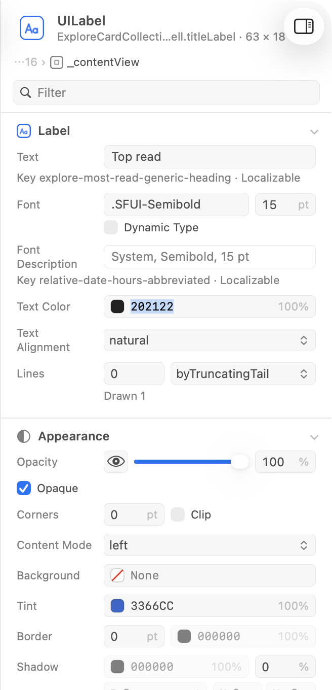 The attributes of a label: the Content and Appearance sections, a color field being edited, and a faded value with no effect.