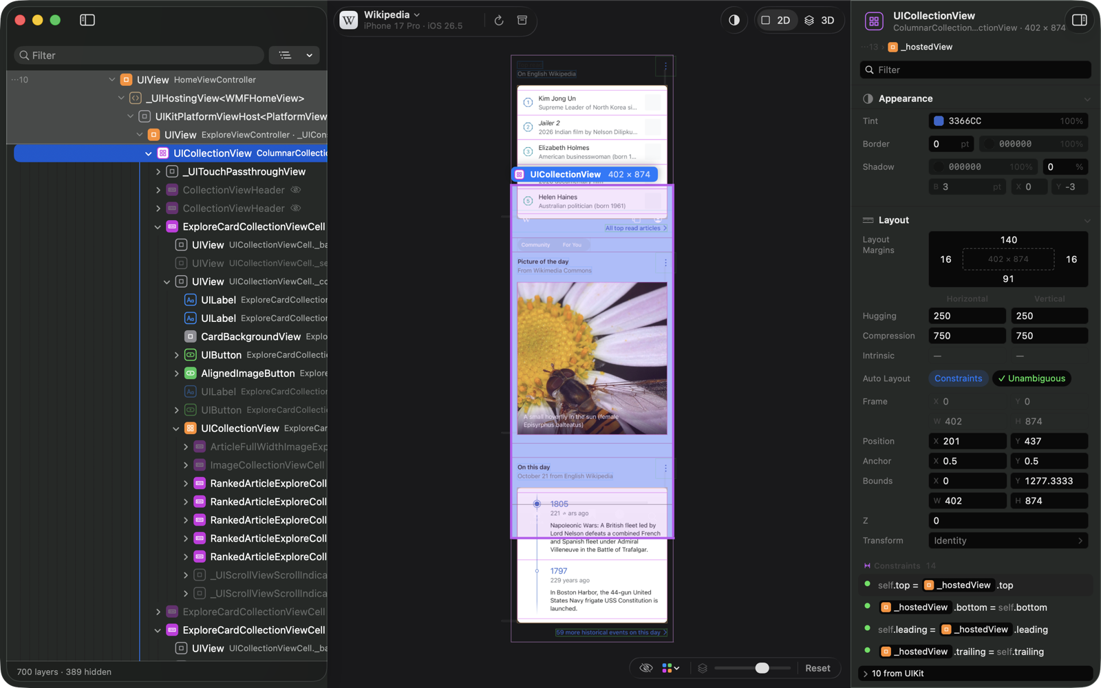 The Constraints list of a view, one constraint pointed at, and its other end marked in the preview.