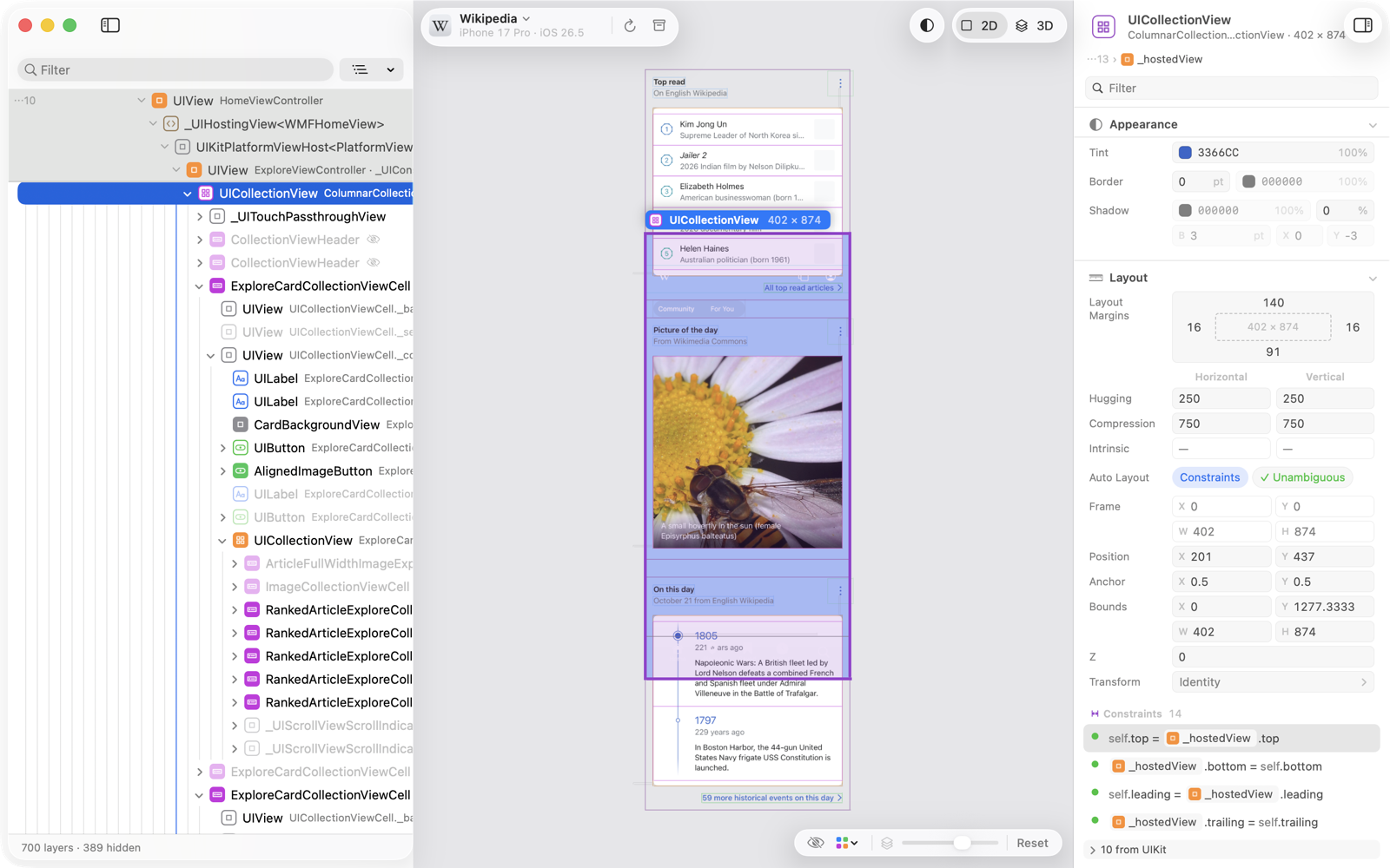 The Constraints list of a view, one constraint pointed at, and its other end marked in the preview.