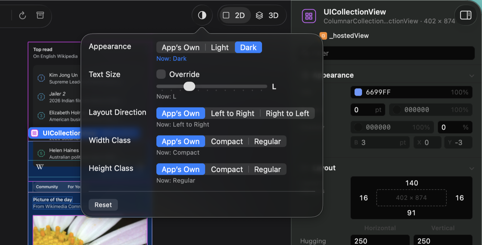 The Environment popover: Appearance set to Dark, the text size slider, layout direction and size classes, each with its current value.