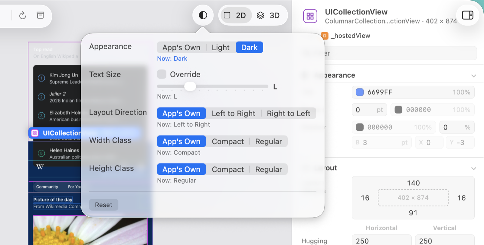 The Environment popover: Appearance set to Dark, the text size slider, layout direction and size classes, each with its current value.