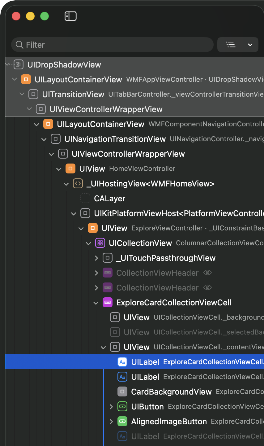 Part of the layer list: pinned ancestors at the top, rows with view controllers and member variables, and a dimmed hidden row.