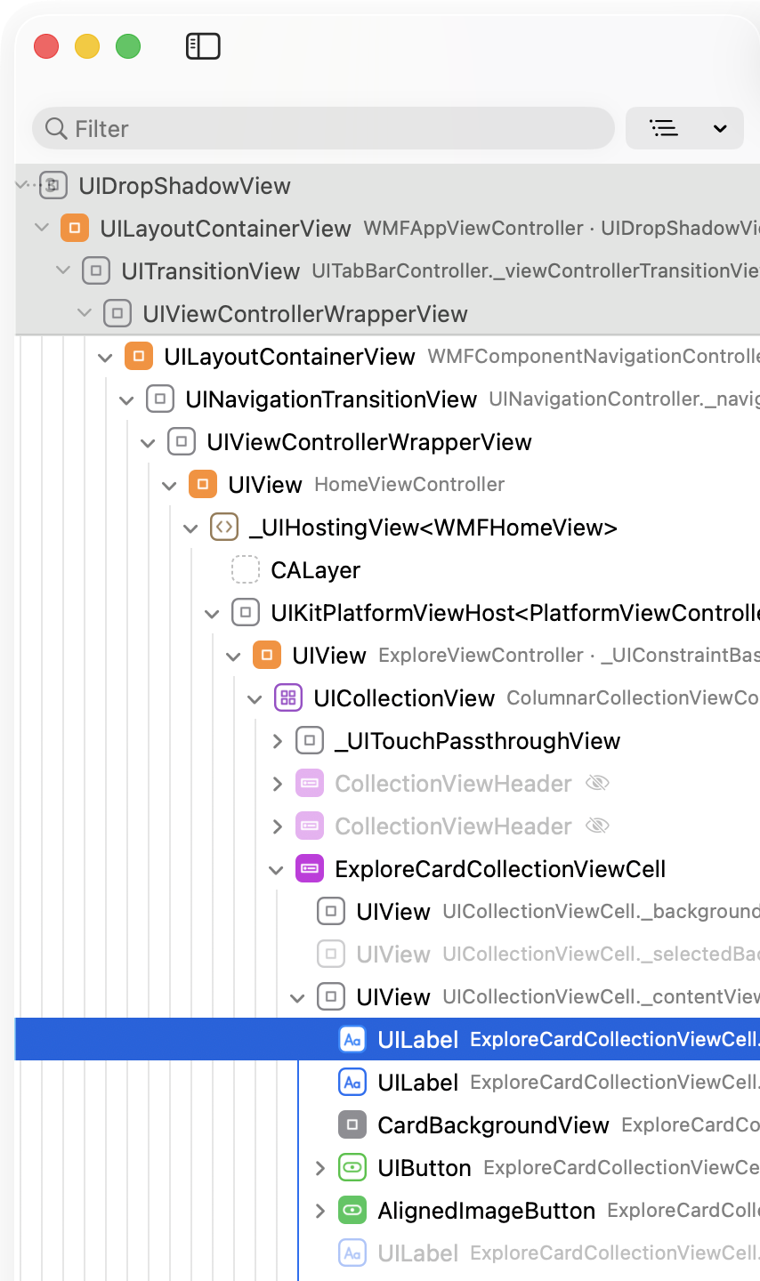 Part of the layer list: pinned ancestors at the top, rows with view controllers and member variables, and a dimmed hidden row.