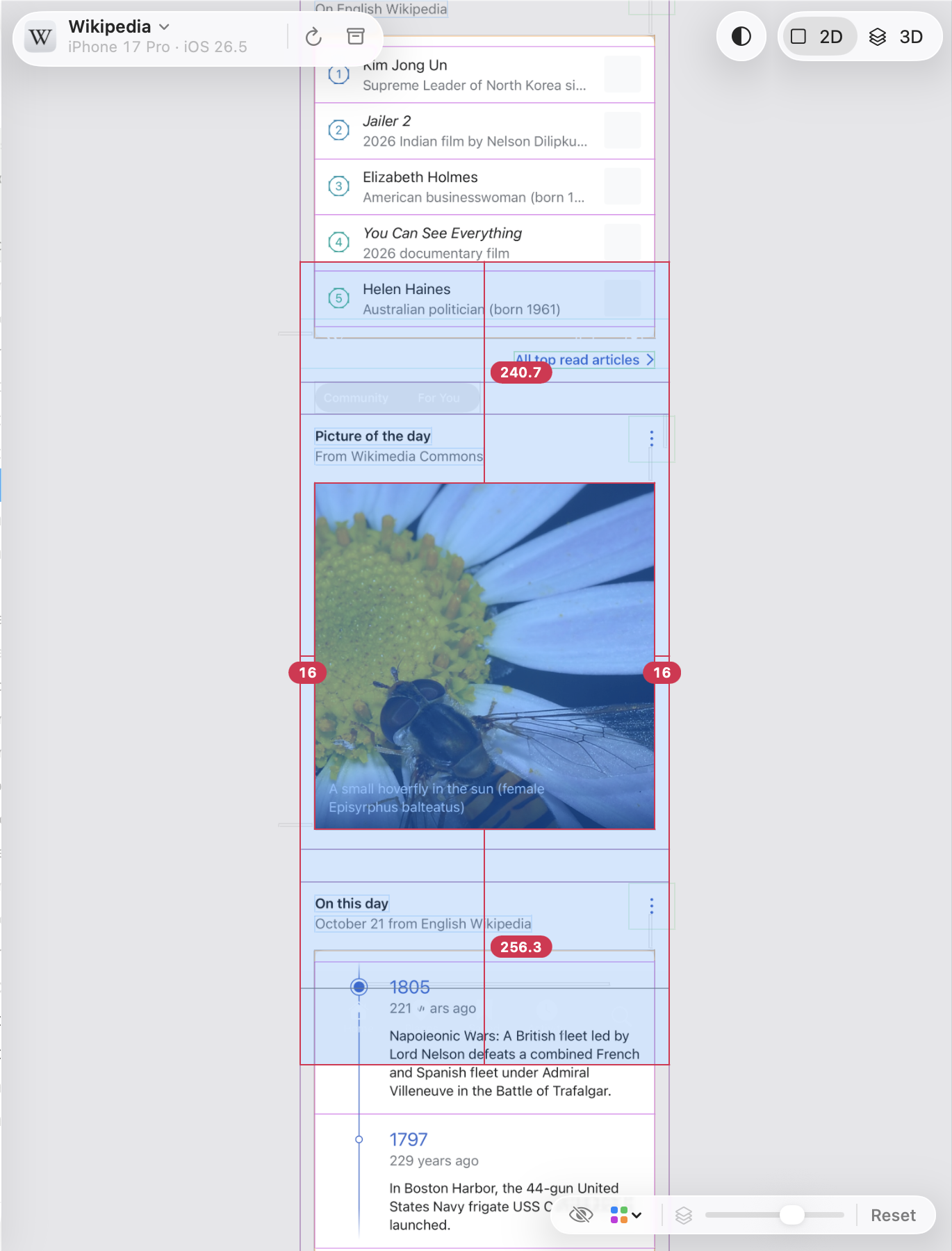 Measuring in 2D: the selected layer and the layer under the pointer, with the distances between their edges in points.