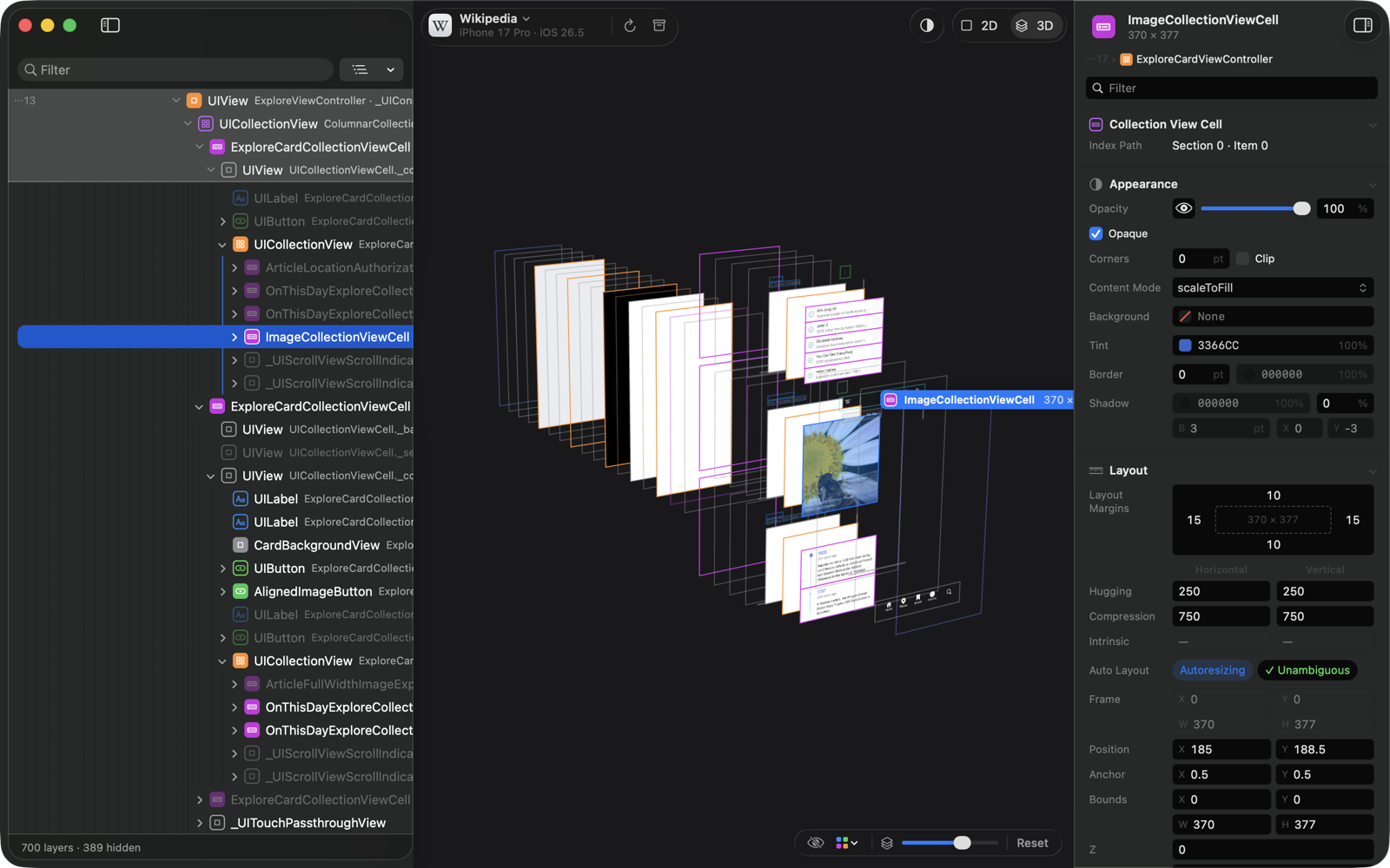 The preview in 3D with a wide layer spacing, the layers spread apart and turned to the side.