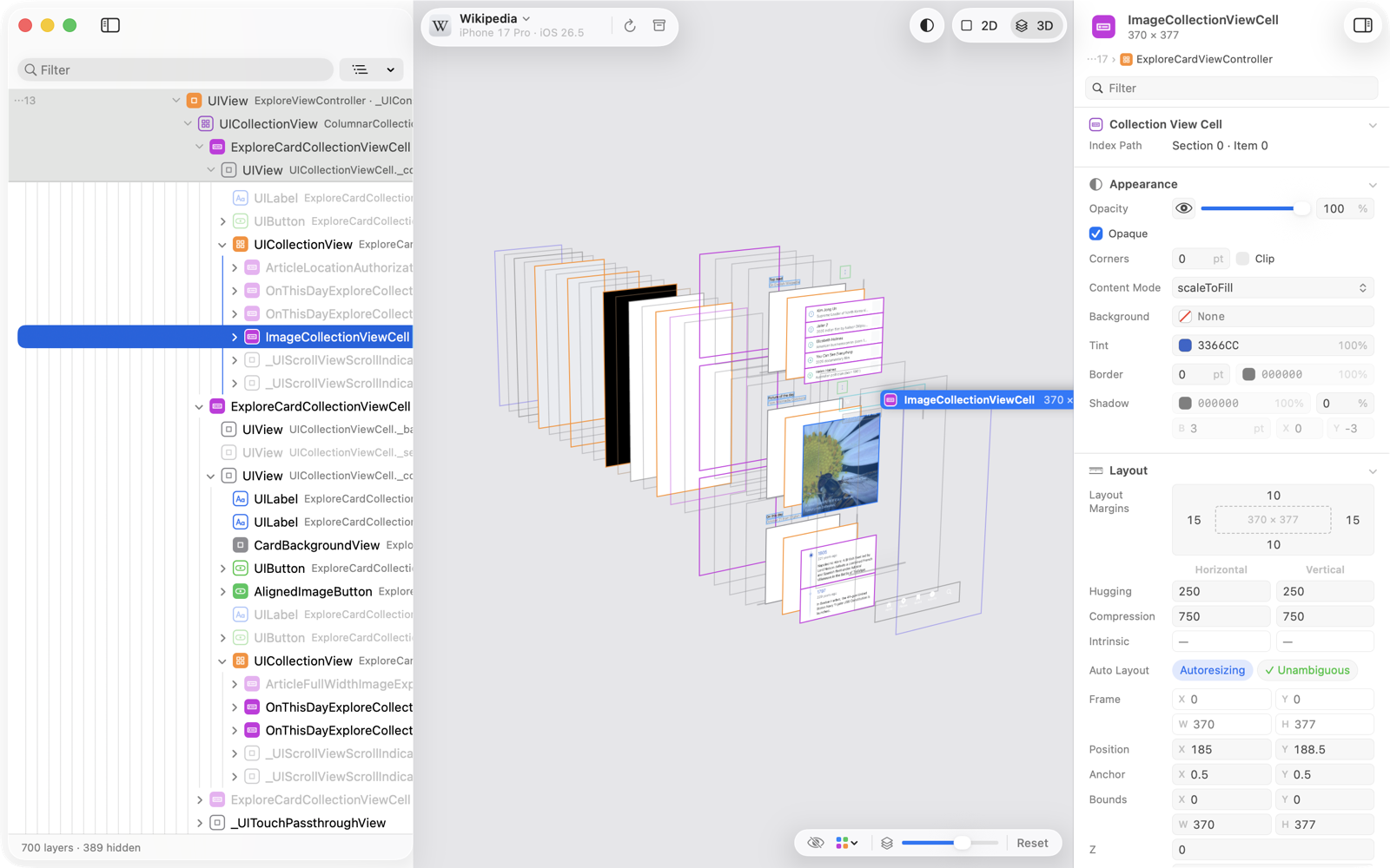 The preview in 3D with a wide layer spacing, the layers spread apart and turned to the side.