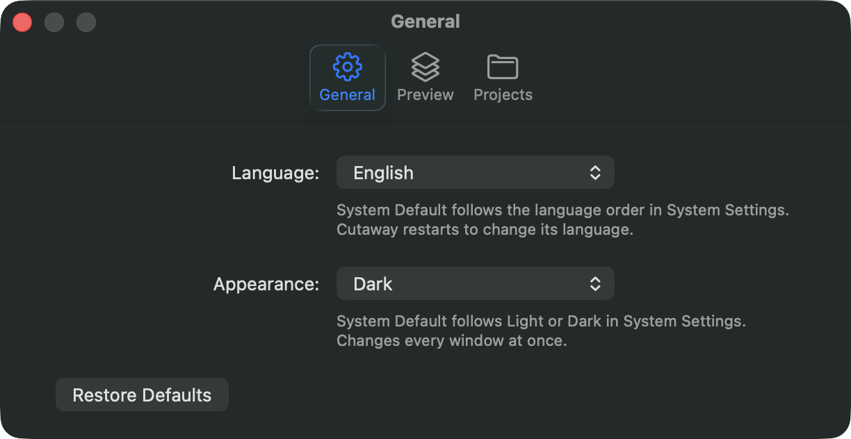 The General page of Settings: the Language and Appearance pop-up menus.