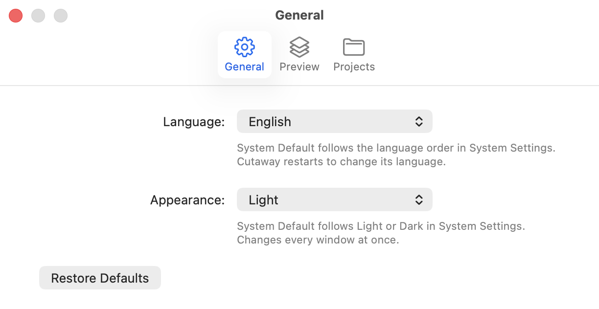 The General page of Settings: the Language and Appearance pop-up menus.