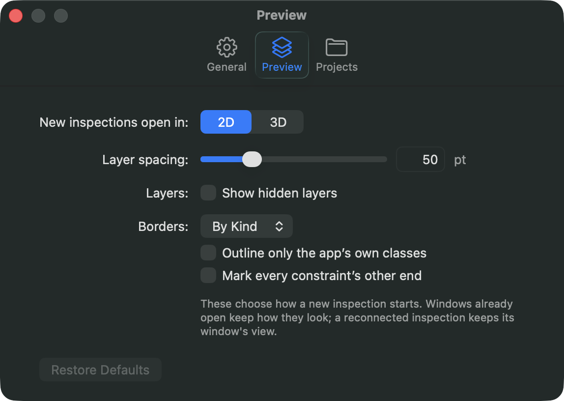 The Preview page of Settings: the default mode, layer spacing, hidden layers and borders.