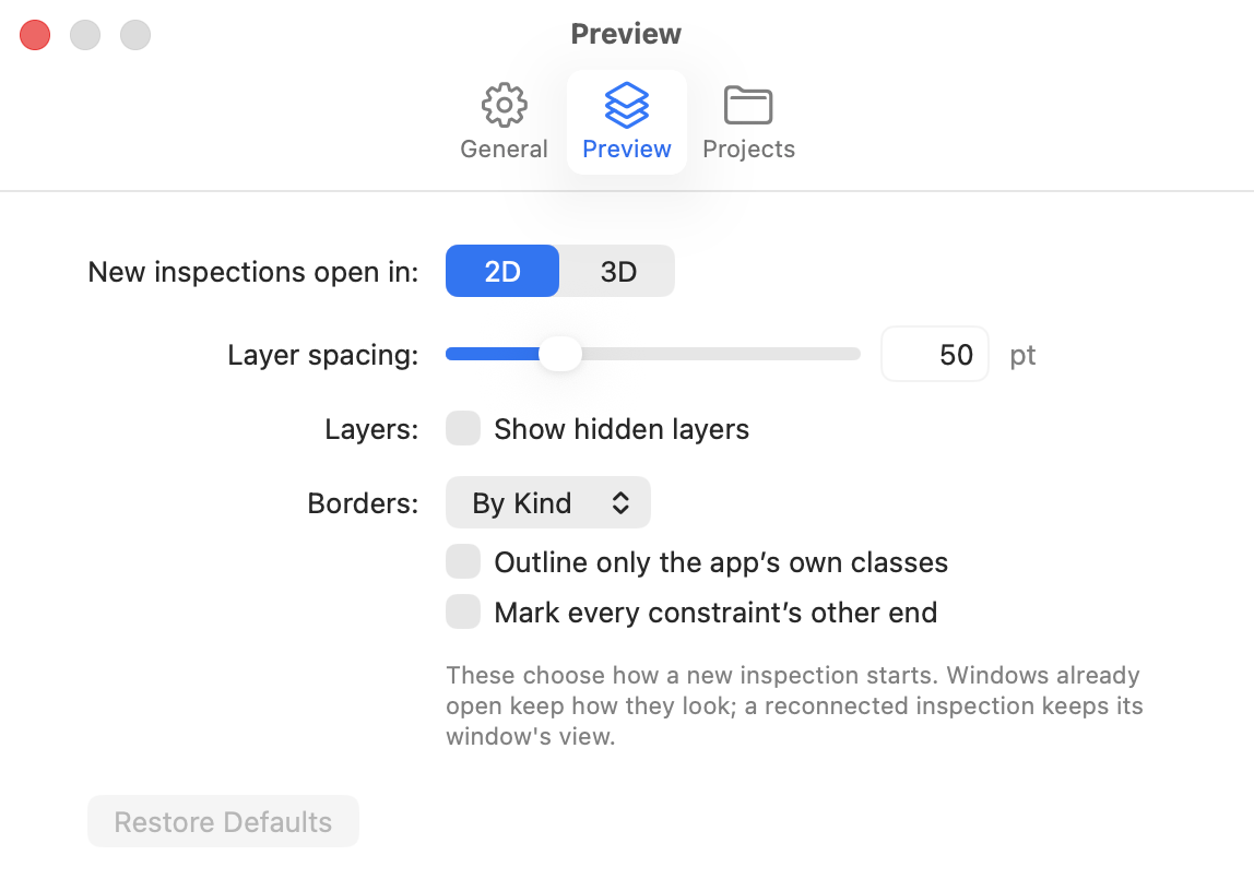 The Preview page of Settings: the default mode, layer spacing, hidden layers and borders.