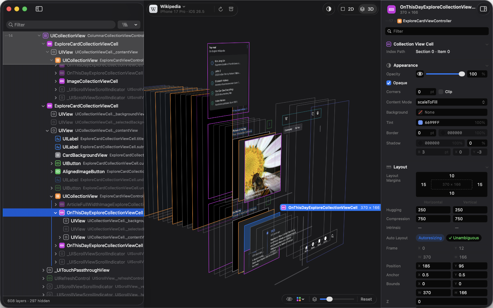 Cutaway inspecting an app in 3D: the layer tree, the layers spread apart, and the attributes of the selected layer.