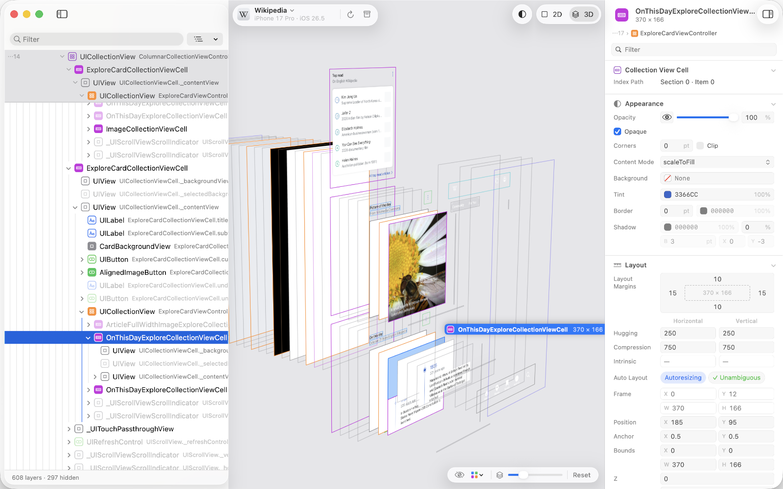Cutaway inspecting an app in 3D: the layer tree, the layers spread apart, and the attributes of the selected layer.