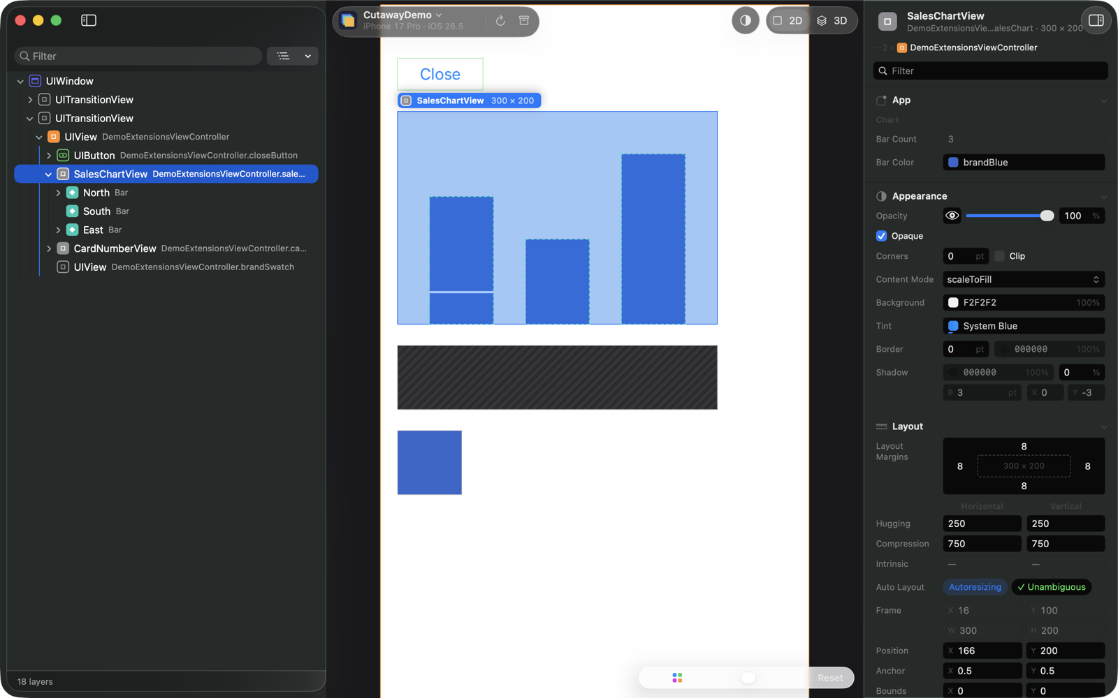 The inspector of CutawayDemo’s sales chart: the App section with the Chart group, an editable bar color showing the registered name brandBlue.