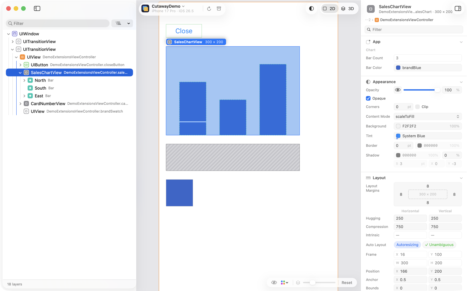 The inspector of CutawayDemo’s sales chart: the App section with the Chart group, an editable bar color showing the registered name brandBlue.