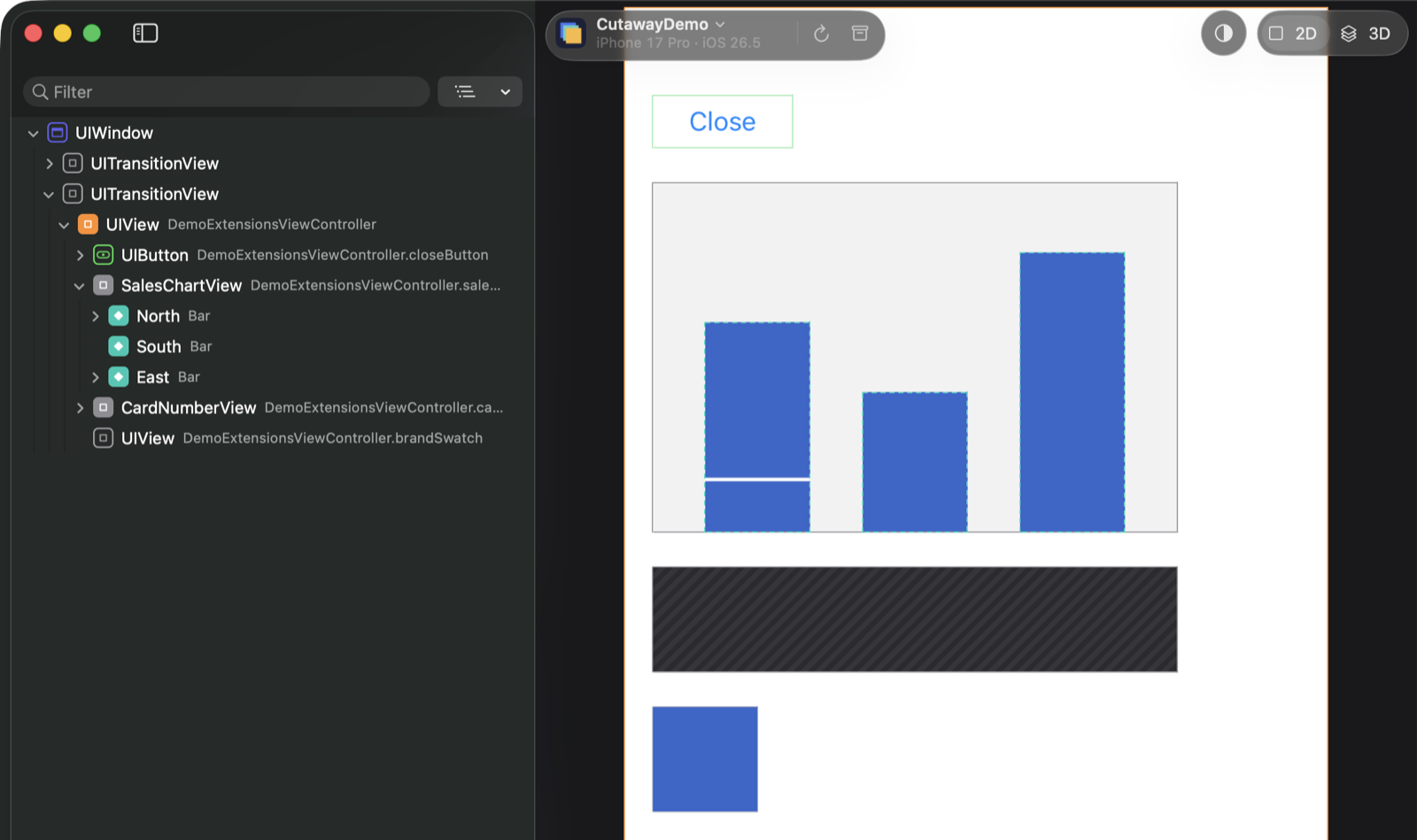 CutawayDemo’s sales chart in Cutaway: the bars North, South and East as virtual nodes in the layer list, and their dashed outlines in the preview.