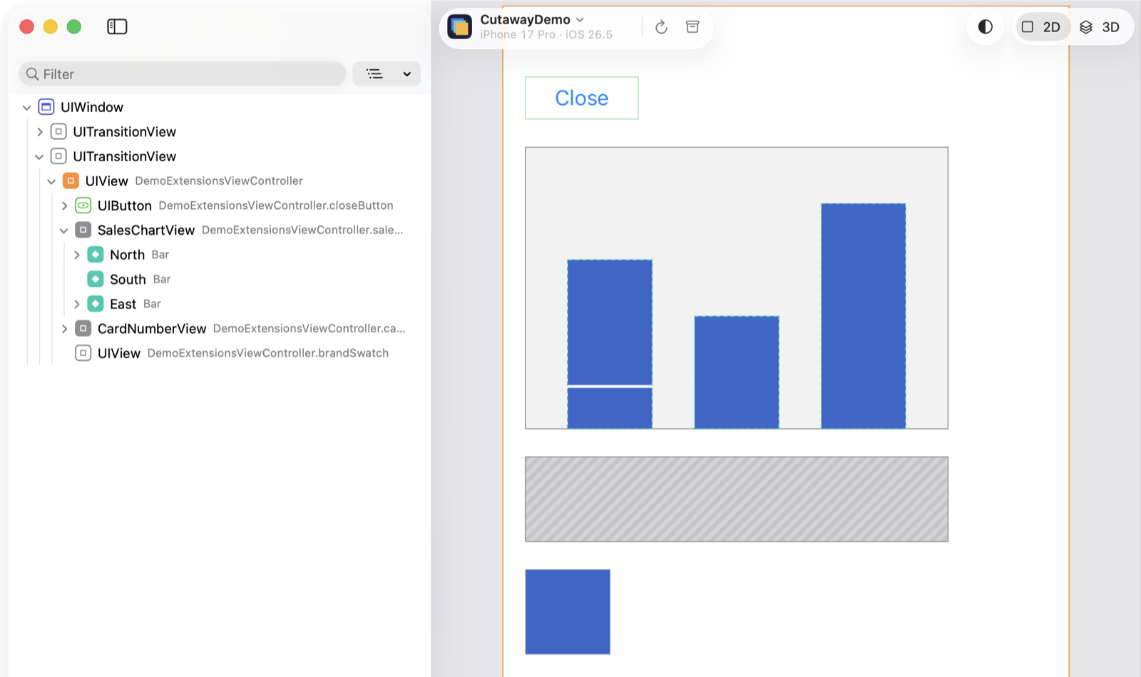 CutawayDemo’s sales chart in Cutaway: the bars North, South and East as virtual nodes in the layer list, and their dashed outlines in the preview.